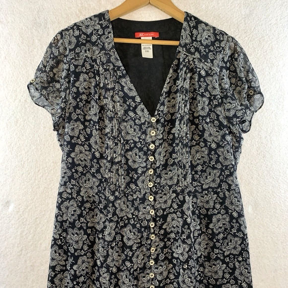 Anne Klein Womens Silk Midi Dress Sz 8 Black Chiffon Floral Flowy Dark Cottage - Picture 2 of 16